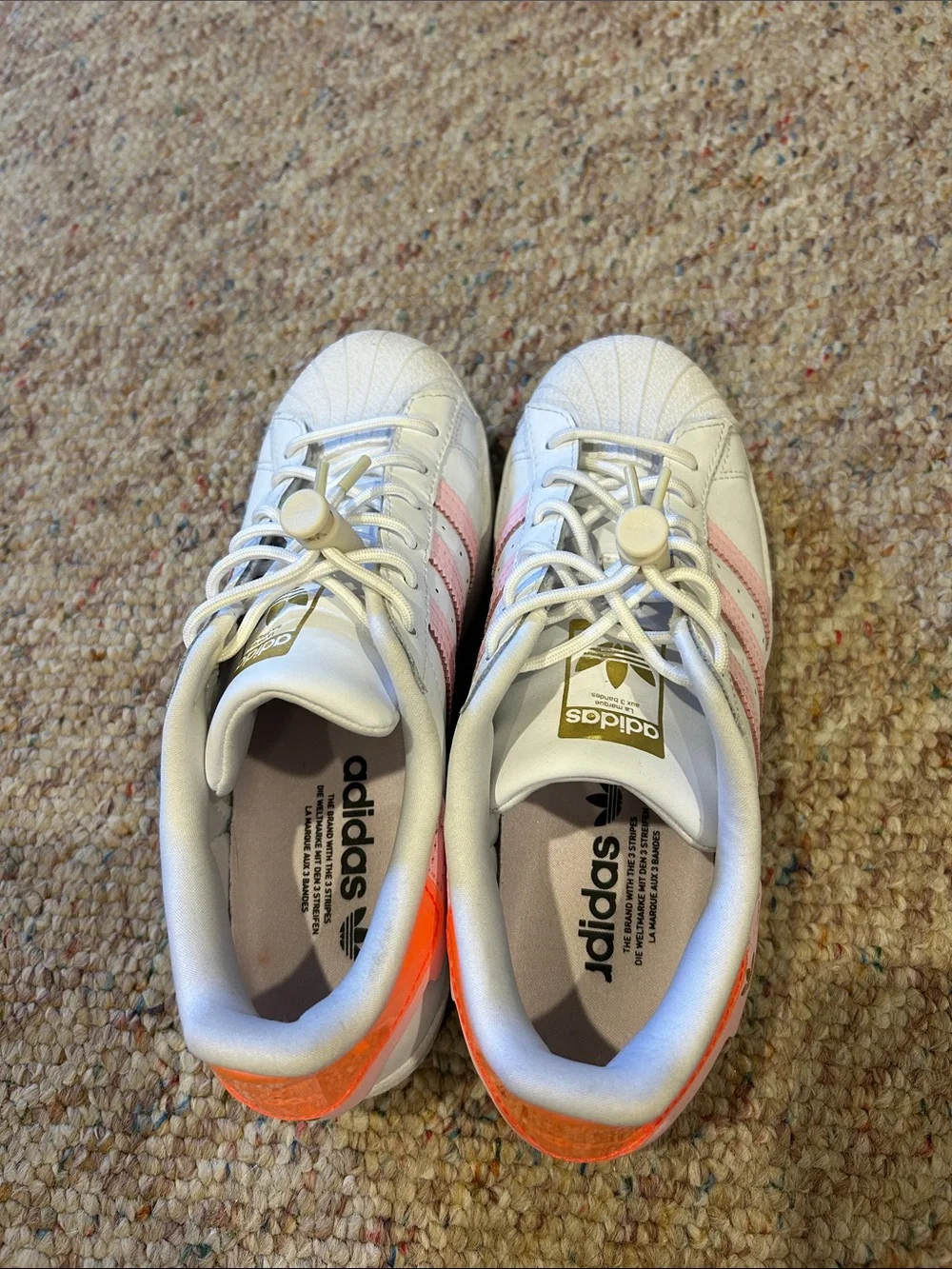 adidas Superstar Sneakers - White with Pink Stripes & Neon Orange Heel